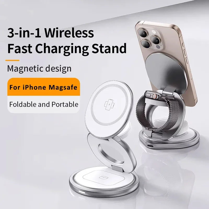Magnetic Zinc Alloy Travel Portable Fast Wireless Charger Stand for Magsafe Iphone 16 15 14 13 12 Apple Watch 9 8 Airpods Pro