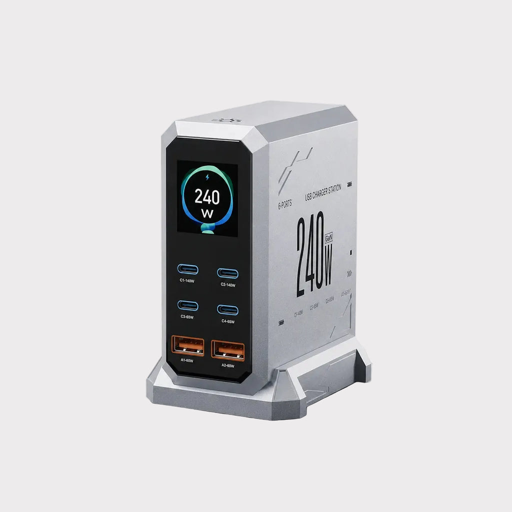 Exacable 240W multi-port USB charger station with a sleek silver and black design, featuring a digital display screen and multiple charging ports, set against a clean light gray background.