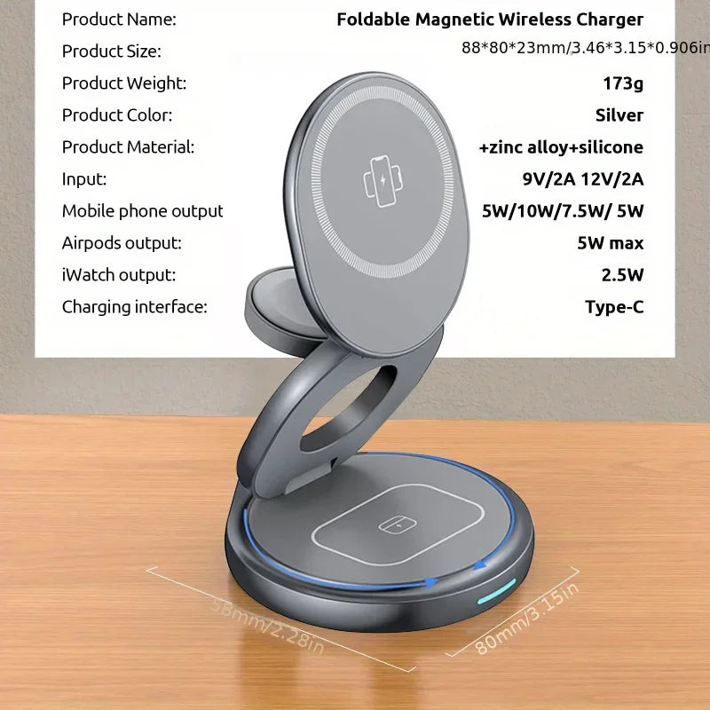 Magnetic Zinc Alloy Travel Portable Fast Wireless Charger Stand for Magsafe Iphone 16 15 14 13 12 Apple Watch 9 8 Airpods Pro
