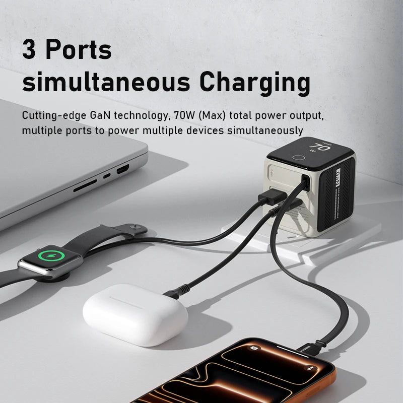 Retractable USB C Charger Foldable Plug 70W Gan Wall Charger with LED Display Fast Charging for Iphone 17 Ipad Macbook