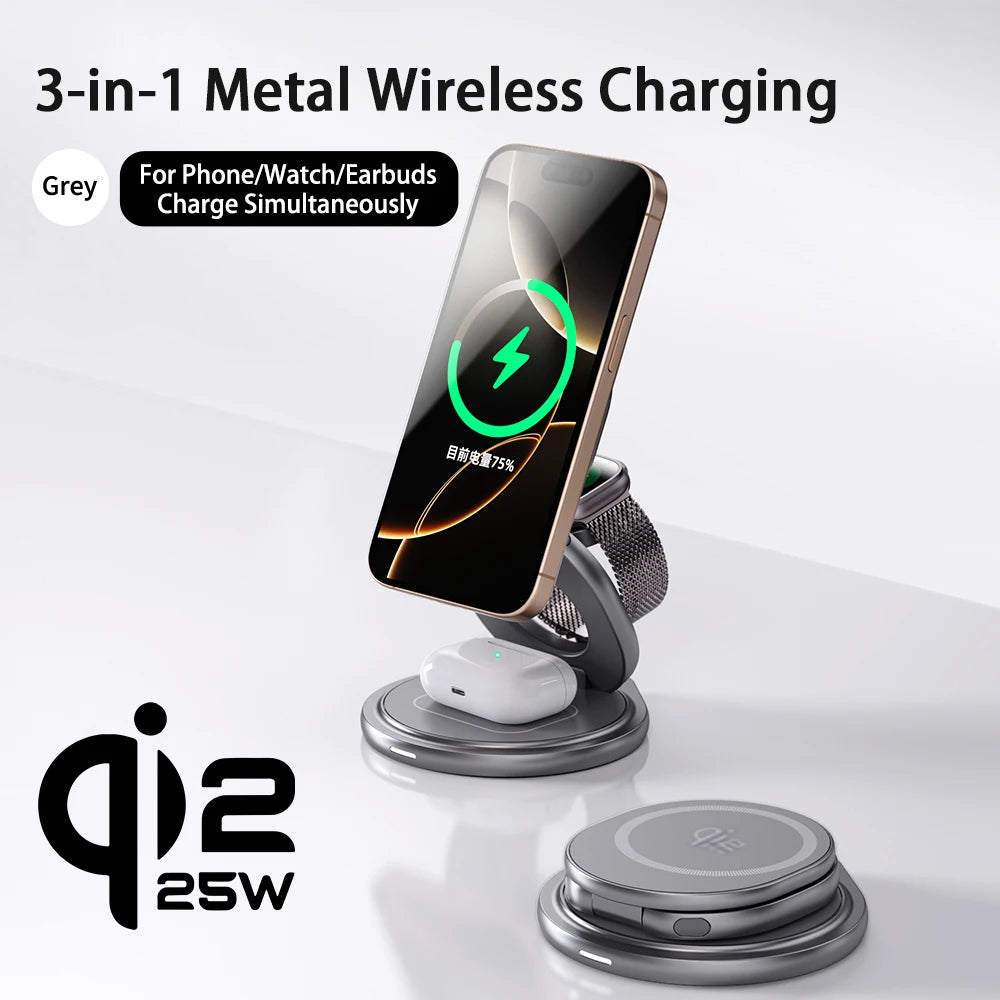 Qi2.2 25W Metal Magnetic Wireless Charger Fast Charging Station 360° Rotation Foldable for Iphone 17 16 15 Watch Airpods 3 in 1