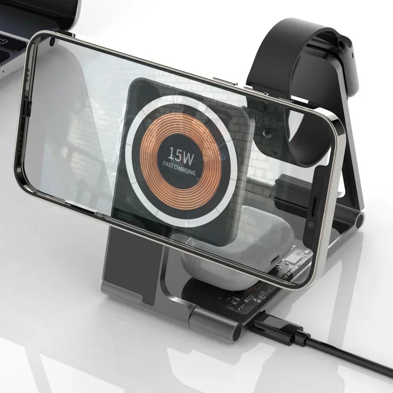 Foldable Transparent Magnetic Qi Wireless Charger Stand for Apple Watch 8 Iphone 14 13 12 Pro Airpods 30W Fast Wireless Charging