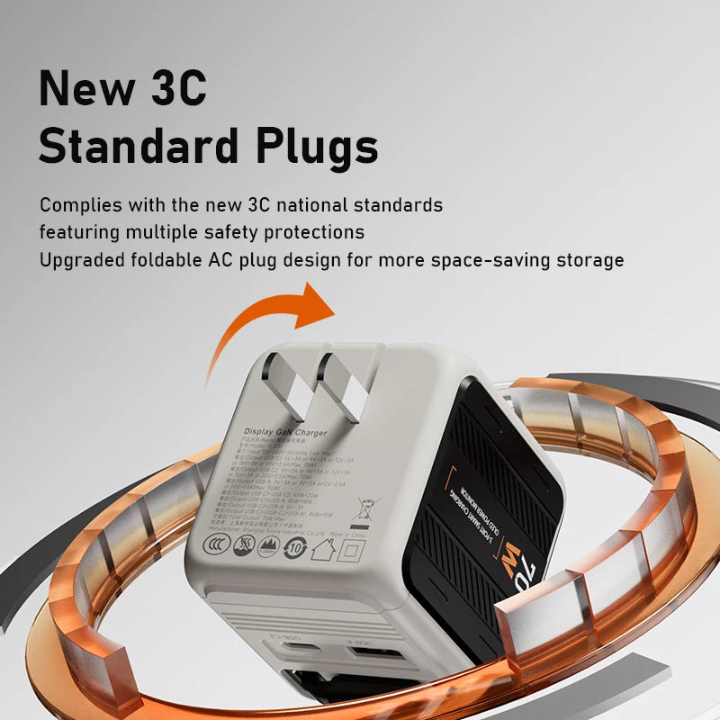 Retractable USB C Charger Foldable Plug 70W Gan Wall Charger with LED Display Fast Charging for Iphone 17 Ipad Macbook