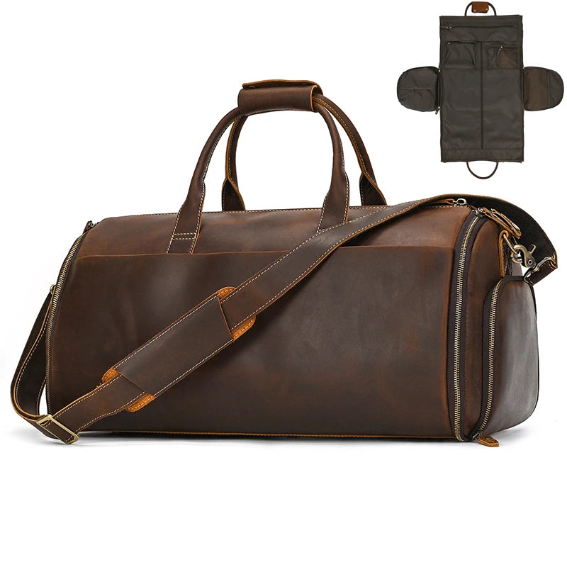 Crazy Horse Leather Travel Bag for Suits Shoes Garment Genuine Leather Man Folding Suit Bag Business Travel Bags on Luggage