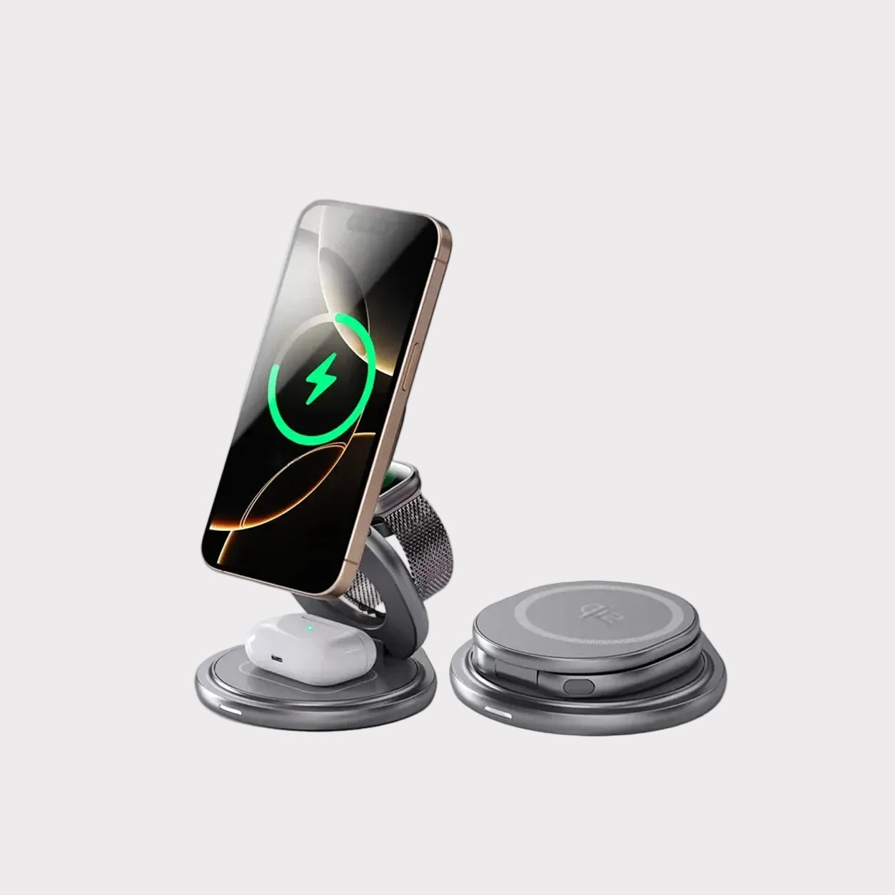 Exacable wireless charging stand with a phone, smartwatch, and earbud, shown on a light gray background with the brand name in the top left corner.