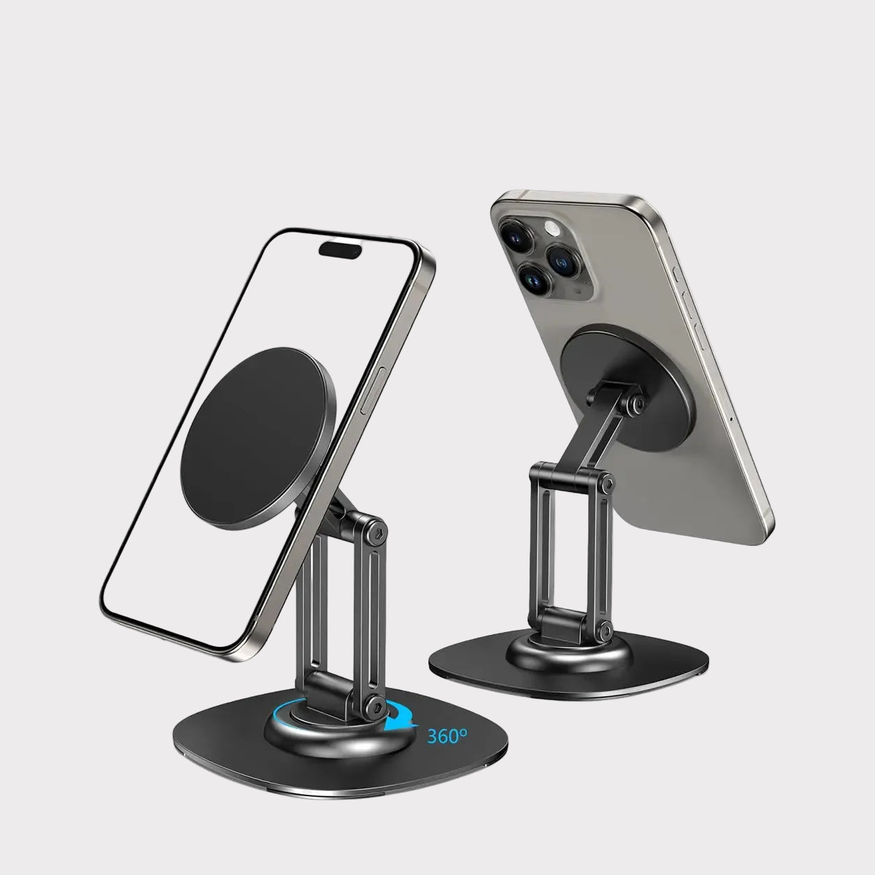 Two EXACABLE magnetic phone stands shown on a light gray background, each holding a smartphone. One stand is angled to show the front magnetic pad and base, while the other shows the back and mounting arm.